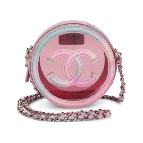 Chanel Round Clutch avec chaîne, cuir verni & veau & PVC Multicolor & Filigree, argenté
