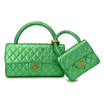 Chanel Set Parent-Enfant Classic Flap, agneau matelassé vert métallisé