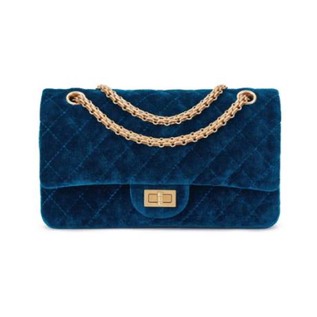 Chanel Small 2.55, velours matelassé Blue, doré vieilli