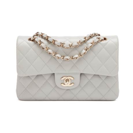 Chanel Small Classic Double Flap, caviar matelassé Light Grey, doré clair