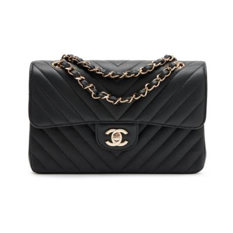 Chanel Small Double Flap, caviar matelassé chevron Black, doré clair