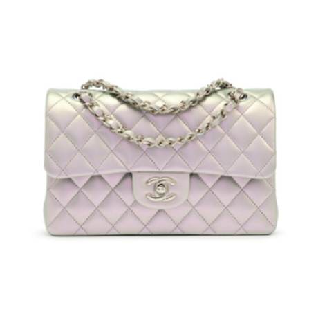 Chanel Small Double Flap, perles & veau irisé matelassé Lilac, argenté