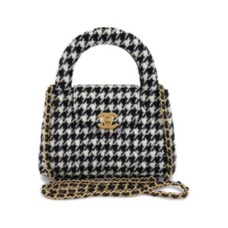 Chanel Small Kelly, tweed pied-de-poule Black & White, doré vieilli