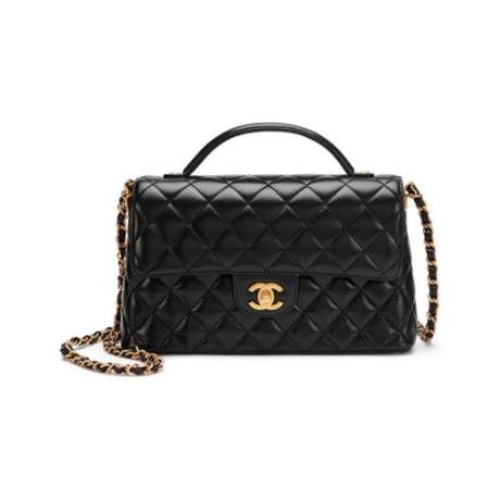 Chanel Top Handle Medium Flap, agneau matelassé Black, doré vieilli