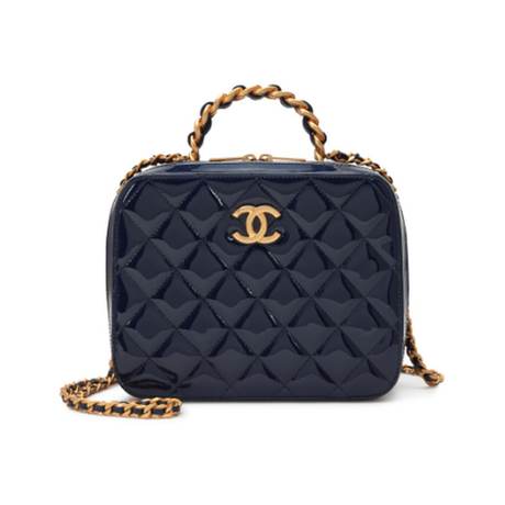 Chanel Top Handle Vanity Case, cuir verni matelassé Navy Blue, doré vieilli