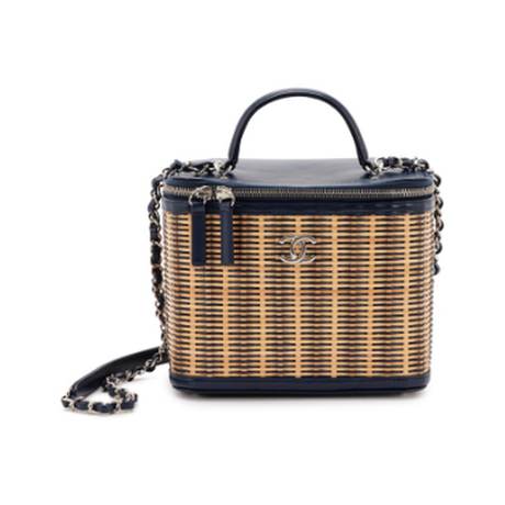 Chanel Vanity Case, veau & raphia & rotin glacé Navy Blue & Beige Take Away, argenté
