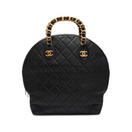 Chanel Vintage Bowler, agneau matelassé tissé Black Chain Handle, doré