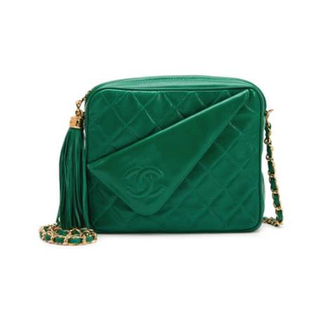Chanel Vintage Camera, agneau matelassé Emerald Green Front Pocket Tassel, doré