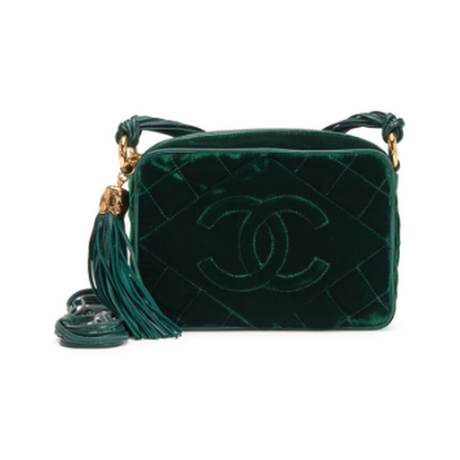 Chanel Vintage Camera Tassel, velours matelassé Green CC, doré