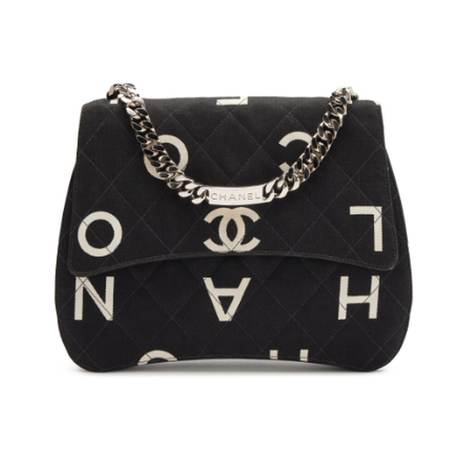 Chanel Vintage Coco ID Bracelet Flap, toile matelassé imprimé Black & White Logo, argenté