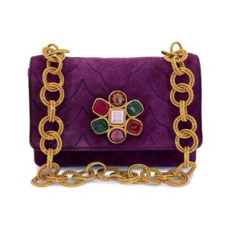 Chanel Vintage Flap, daim matelassé orné de bijoux Purple Gripoix, doré