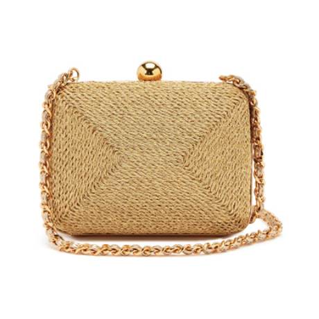 Chanel Vintage Mini Box Clutch avec chaîne, raphia & corde métallisé tissé Gold, doré