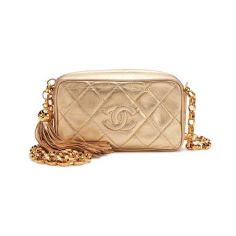 Chanel Vintage Mini Camera Tassel, agneau matelassé Gold, doré