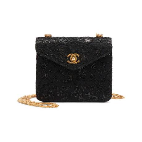 Chanel Vintage Mini Square Classic Single Flap, dentelle & satin Black, doré