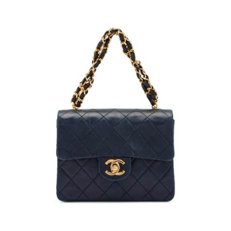 Chanel Vintage Mini Square Flap avec chaîne Handle, agneau matelassé Navy Blue, doré