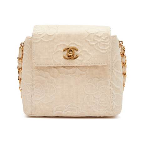 Chanel Vintage Mini Square Flap, lin brodé Ivory Camellia, doré