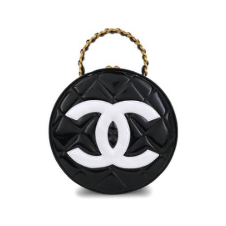 Chanel Vintage Round Vanity Case, cuir verni Black & White CC, doré
