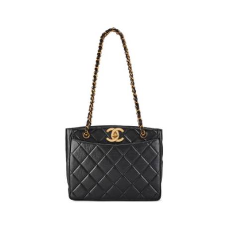 Chanel Vintage Shopper Tote, agneau matelassé Black CC Turn Lock Open Top, doré