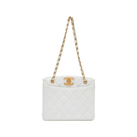 Chanel Vintage Shopper Tote, agneau matelassé White CC Turn Lock Open Top, doré