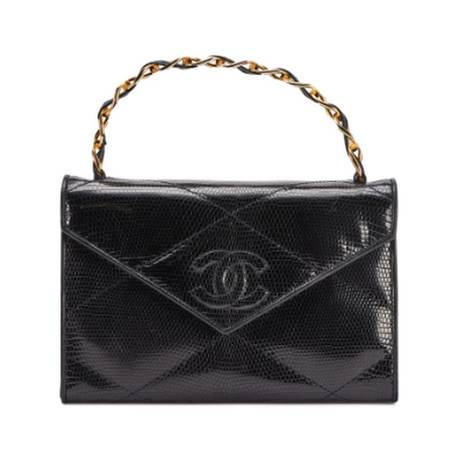 Chanel Vintage Timeless Enveloppe Flap Chain Top Handle, lézard matelassé Black Diamond, doré