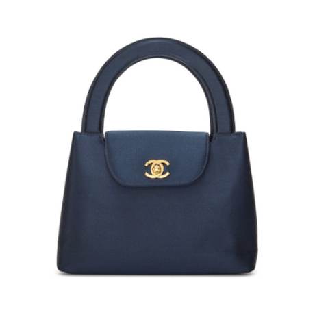 Chanel Vintage Top Handle Mini Kelly, satin Navy Blue CC, doré