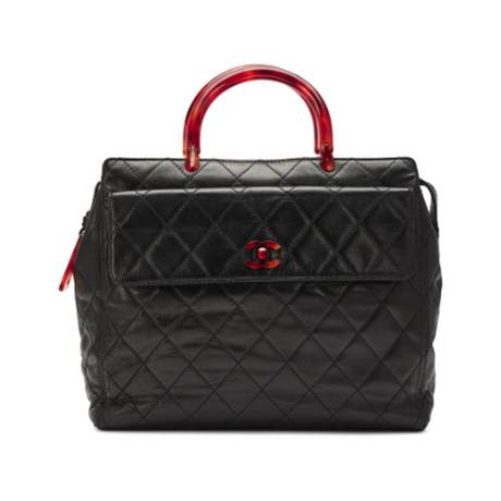 Chanel Vintage Top Handle Tote, agneau matelassé & écaille Black Pocket