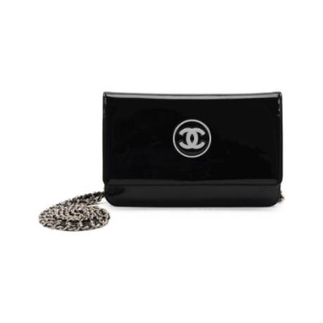 Chanel WOC Wallet Chain On, cuir verni Black CC, argenté