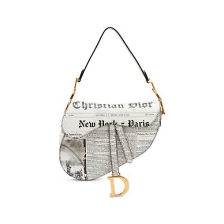 Christian Dior Saddle, veau imprimé « Newspaper » Black & White, doré