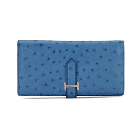 Hermès Béarn Wallet Bleu Mykonos, autruche, palladié
