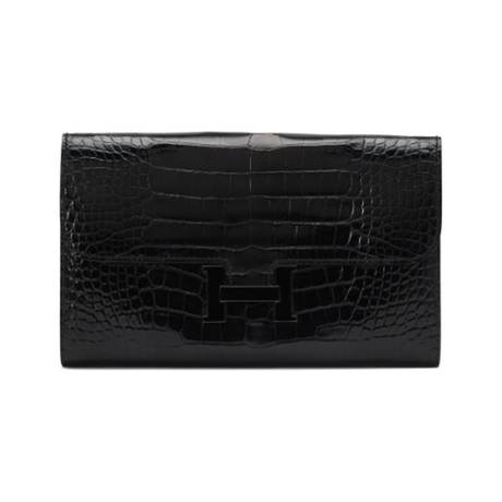 Hermès Constance Long Wallet Black So Black, alligator brillant