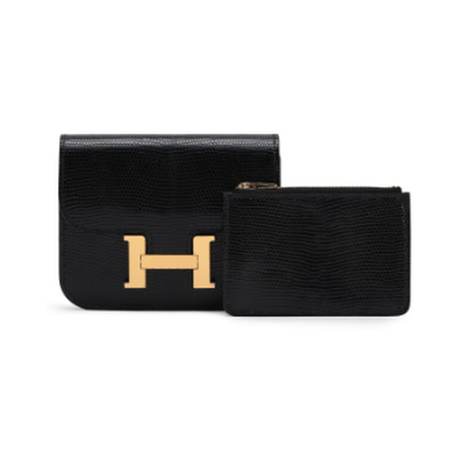Hermès Constance Slim Wallet Black Varanus, lézard niloticus, doré