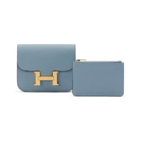 Hermès Constance Slim Wallet Bleu Lin, Evercolor, doré