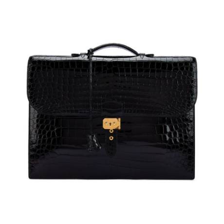 Hermès Dépêches 41 Black Sac A, crocodile porosus brillant, doré