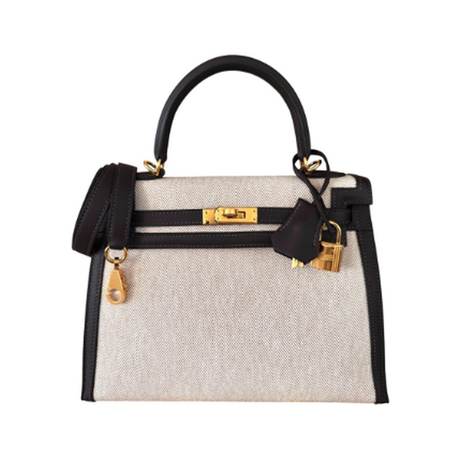 Hermès Kelly 25 Bai Brun Ecru Beige H Sellier, Swift & toile, doré