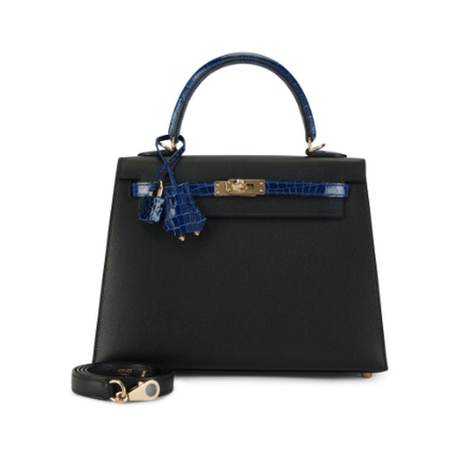Hermès Kelly 25 Black Bleu Electrique Touch Sellier, Madame & crocodile brillant, permabrass