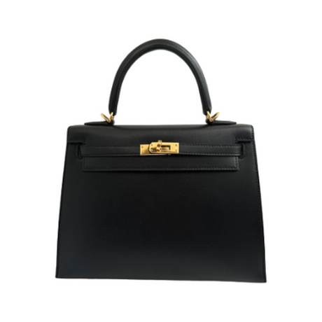 Hermès Kelly 25 Black Sellier, Tadelakt, doré