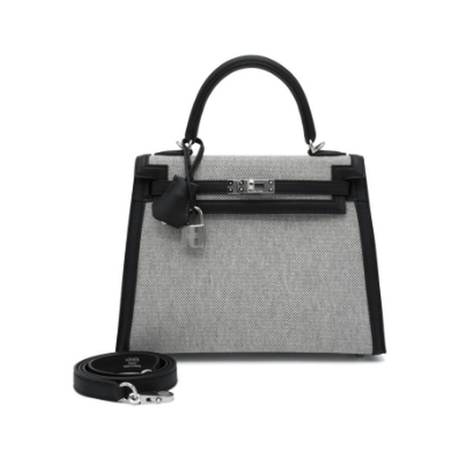 Hermès Kelly 25 Sellier Black Ecru, Swift & toile, palladié, édition limitée