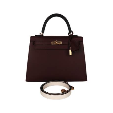 Hermès Kelly 25 Terre Ebene & Craie Tri-Color Sellier, Epsom, doré