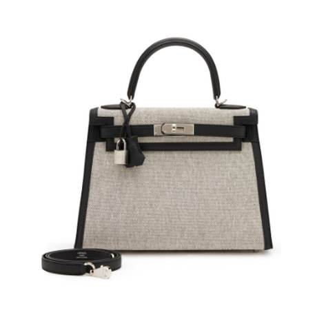 Hermès Kelly 28 Black Ecru-Black Sellier, Swift & toile, palladié