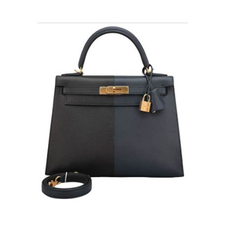 Hermès Kelly 28 Gold Hardwar Black Bleu Indigo & Bleu Frida Tri-Color Casaque Sellier, Epsom