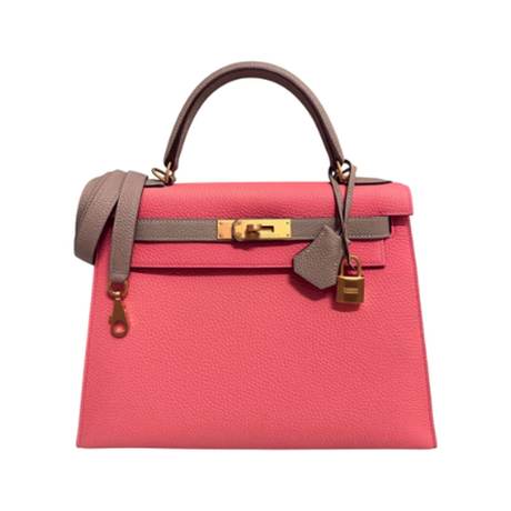 Hermès Kelly 28 HSS Rose Lipstick & Gris Tourterelle Sellier, Togo, doré brossé