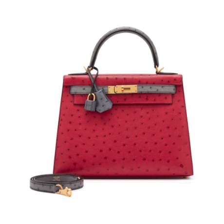 Hermès Kelly 28 HSS Rouge Vif & Gris Agate Sellier, autruche, doré brossé