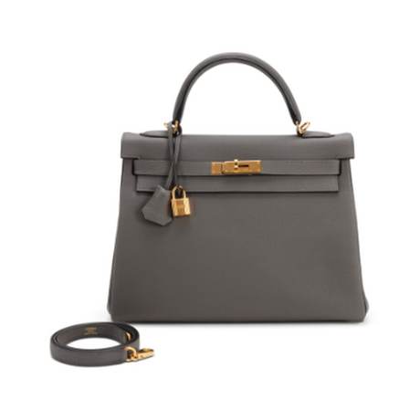 Hermès Kelly 32 Gris Etain Retourne, Togo, doré