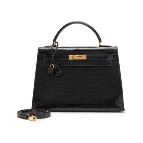 Hermès Kelly 32 Vintage Black Sellier, crocodile porosus brillant, doré