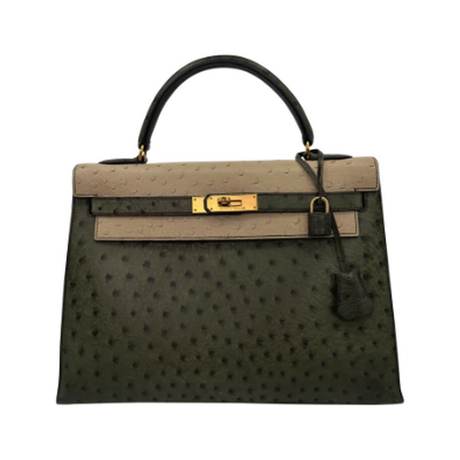 Hermès Kelly 32 Vintage Vert Olive & Parchemin Sellier, autruche, doré