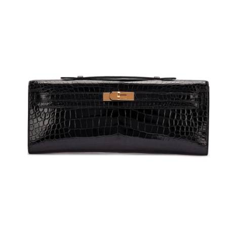 Hermès Kelly Cut Black, crocodile porosus brillant, doré