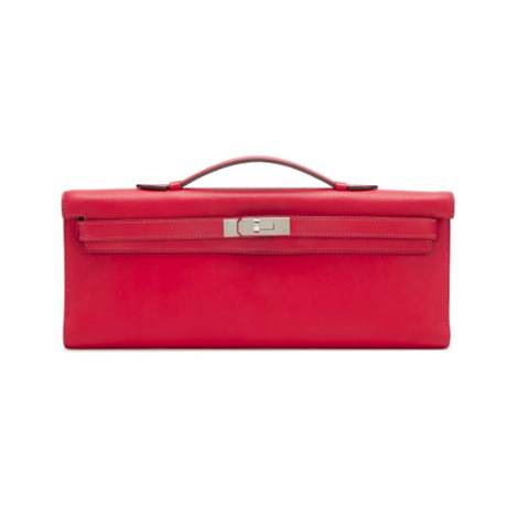Hermès Kelly Cut Pochette Rouge Casaque, Epsom, palladié