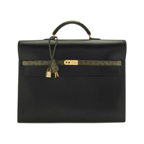 Hermès Kelly Dépêches 38 Briefcase Vintage Black Calf Vert Veronese, box & autruche, doré