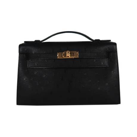 Hermès Kelly Pochette Black, autruche, doré