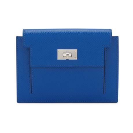 Hermès Kelly Pocket Compact Wallet Bleu France, Epsom, palladié